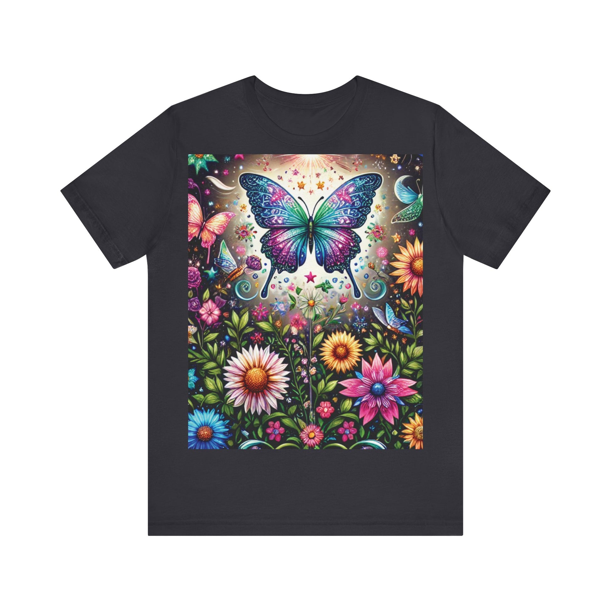 Colorful Butterfly Garden Unisex Tee, Nature Lover Shirt, Gift for Her, Eco-friendly Top, Summer Festival Wear, Boho Apparel