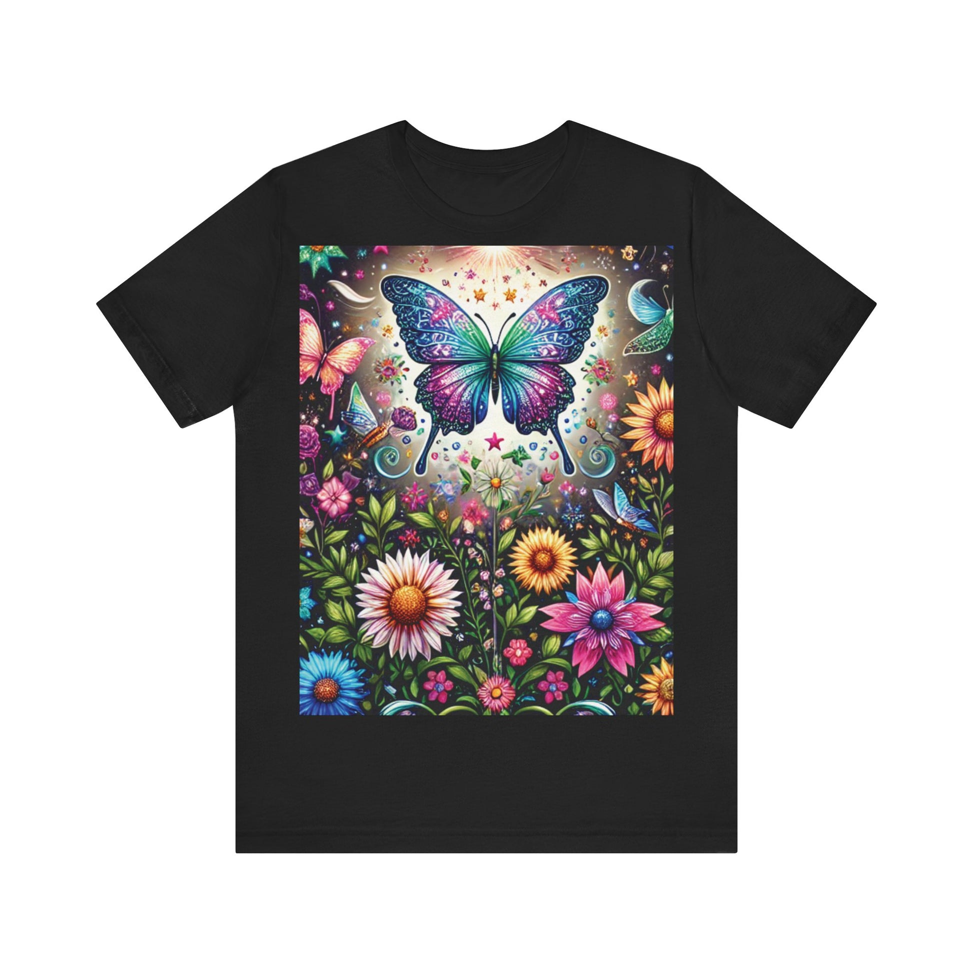 Colorful Butterfly Garden Unisex Tee, Nature Lover Shirt, Gift for Her, Eco-friendly Top, Summer Festival Wear, Boho Apparel