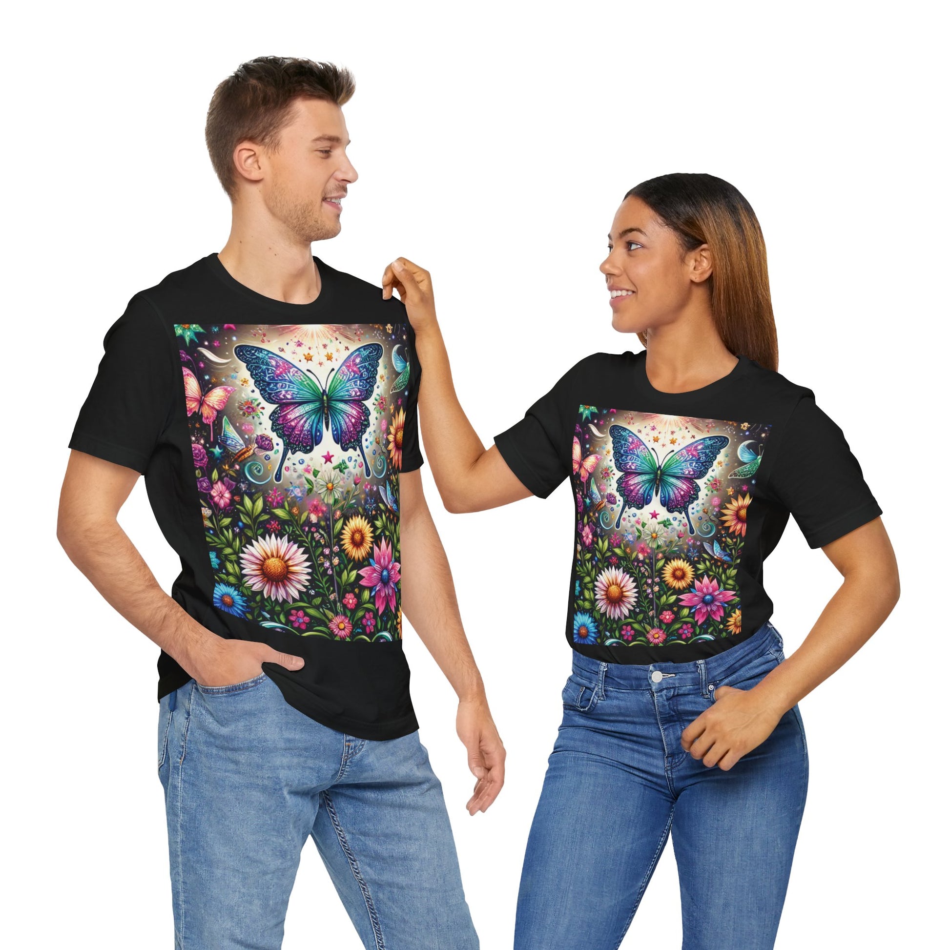 Colorful Butterfly Garden Unisex Tee, Nature Lover Shirt, Gift for Her, Eco-friendly Top, Summer Festival Wear, Boho Apparel