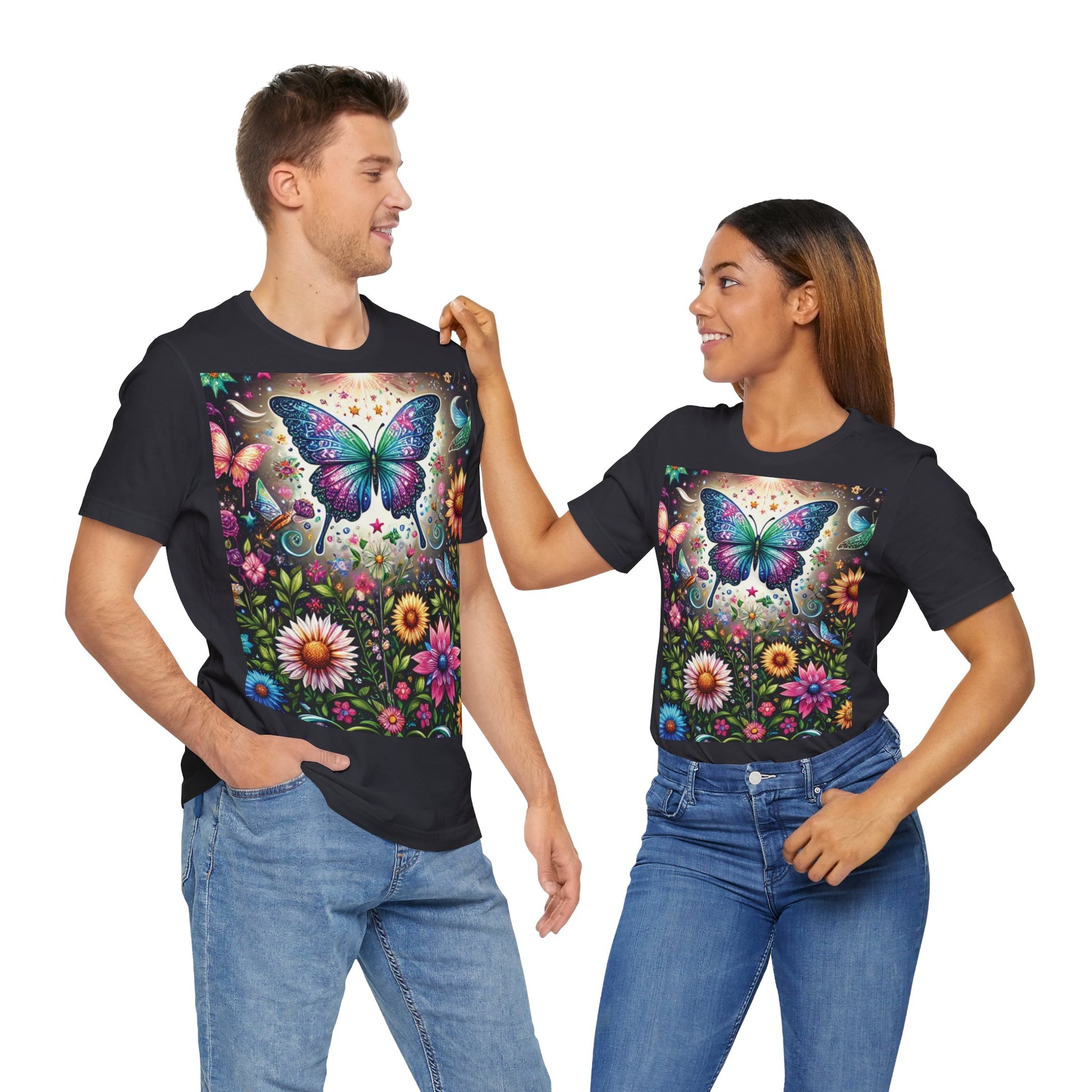Colorful Butterfly Garden Unisex Tee, Nature Lover Shirt, Gift for Her, Eco-friendly Top, Summer Festival Wear, Boho Apparel