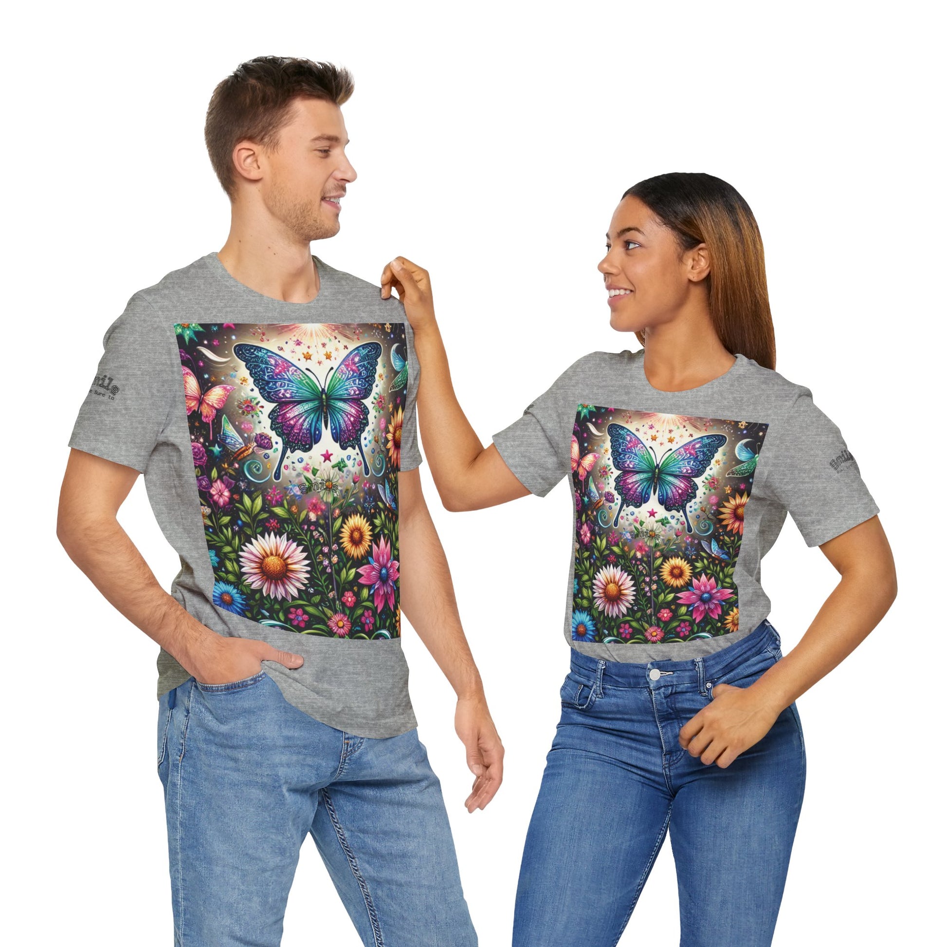 Colorful Butterfly Garden Unisex Tee, Nature Lover Shirt, Gift for Her, Eco-friendly Top, Summer Festival Wear, Boho Apparel