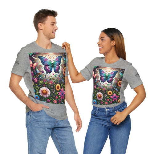 Colorful Butterfly Garden Unisex Tee, Nature Lover Shirt, Gift for Her, Eco-friendly Top, Summer Festival Wear, Boho Apparel