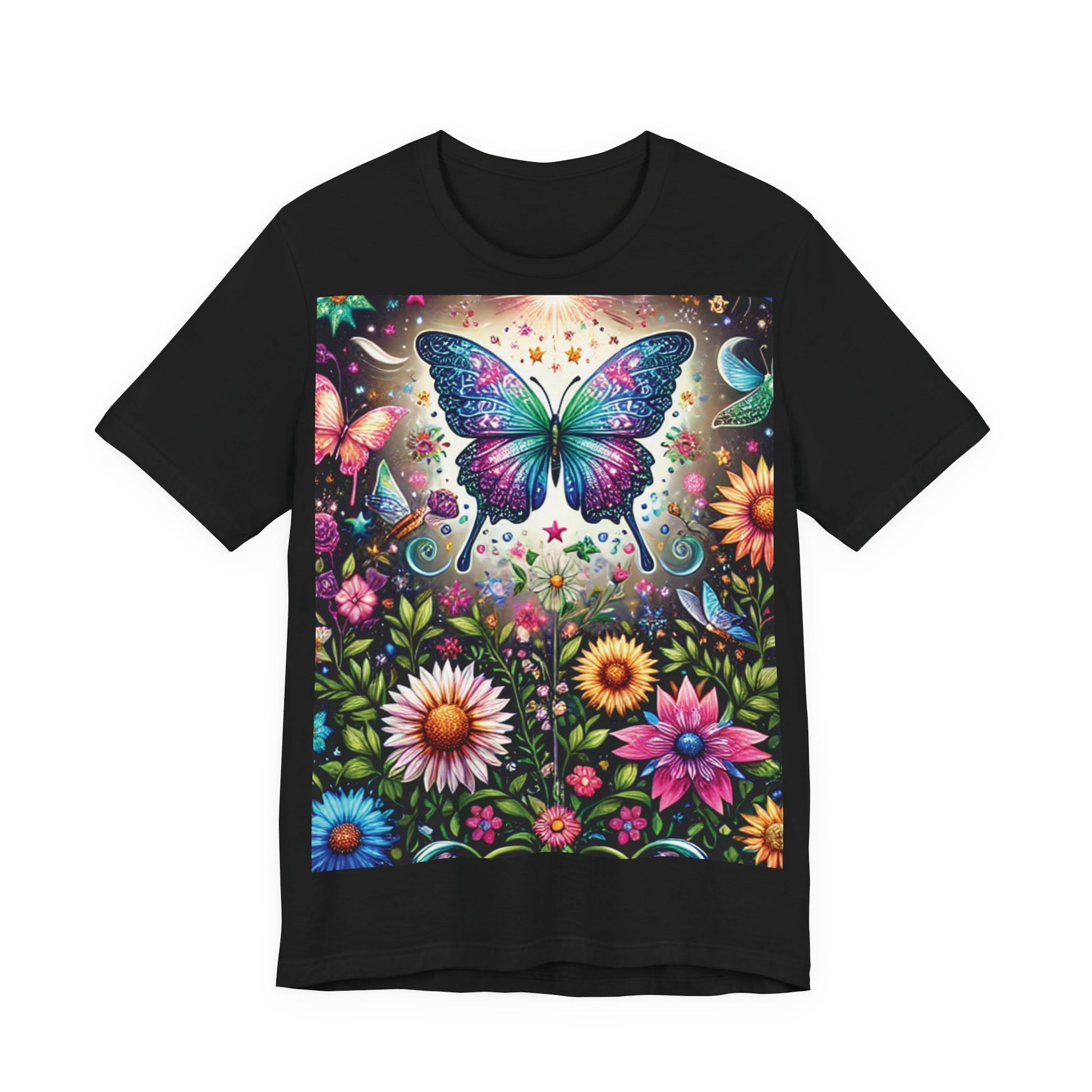 Colorful Butterfly Garden Unisex Tee, Nature Lover Shirt, Gift for Her, Eco-friendly Top, Summer Festival Wear, Boho Apparel