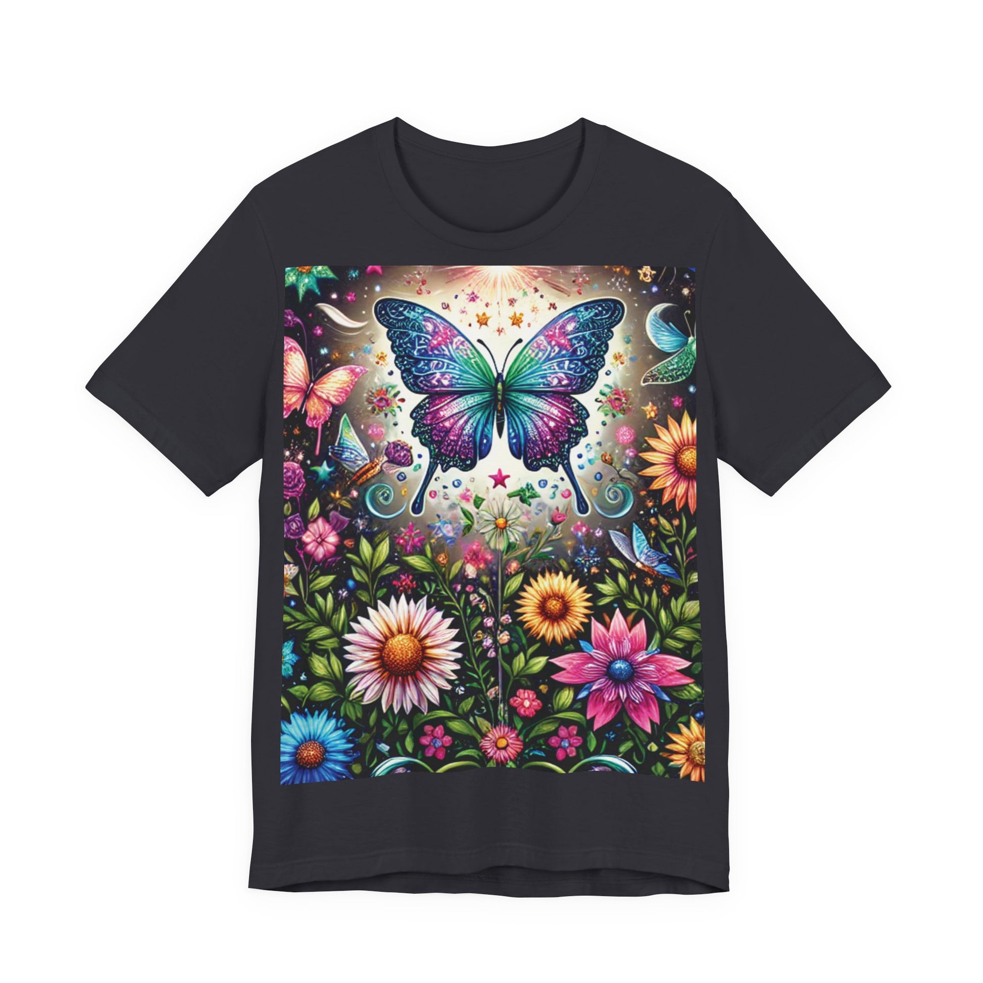 Colorful Butterfly Garden Unisex Tee, Nature Lover Shirt, Gift for Her, Eco-friendly Top, Summer Festival Wear, Boho Apparel